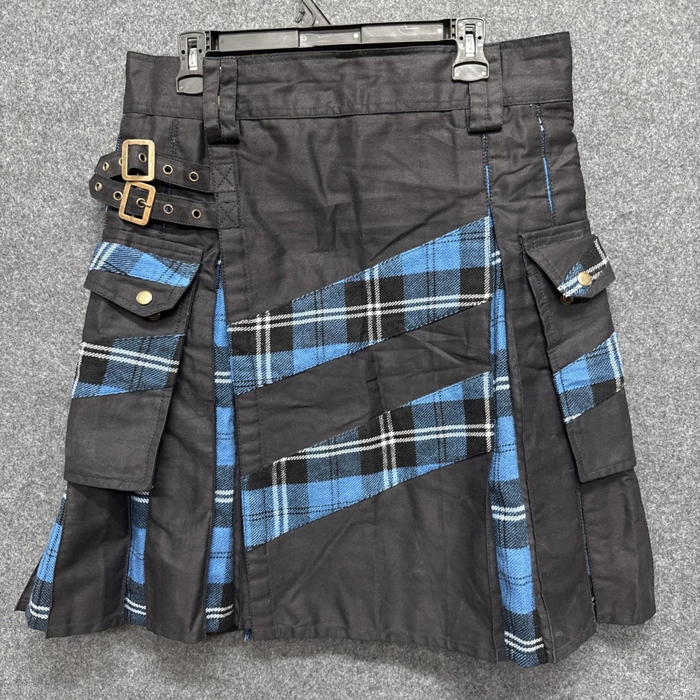 DSS Kilts Mens Size 36 Black Utility Scottish Hybrid Blue Tartan Pleated $79